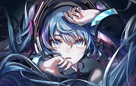 脸 蓝眼睛 蓝头发 女人 涂指甲 动漫 女孩 蓝色指甲 特写 小提琴 初音 壁纸 4094×2467