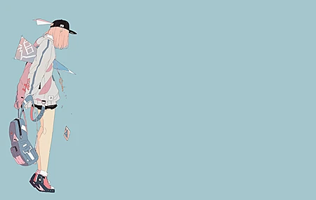 高清原创 人物 粉色头发 大熊猫 蓝色背景 粉笔 动漫 女孩 纸飞机 无水印壁纸 3840×2160