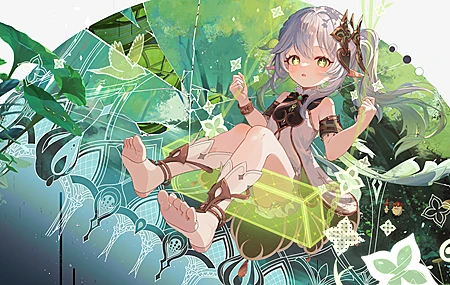 热门渐变头发 坐着 脚 脚底 长发 马尾辫 原神 动漫 动漫女孩 明星 眼睛 双色头发 兽耳 树叶 萝莉 高清壁纸 4093×2388