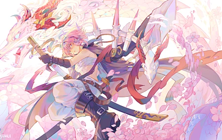 动漫女孩 炼金术 游戏CG 龙 武士 武器 花瓣 中国龙 壁纸 7624×4381