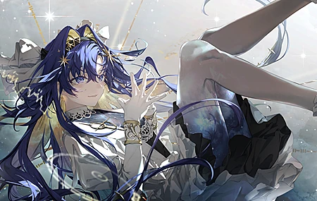 长发 蓝色头发 蓝色眼睛 动漫 动漫女孩 反向 手套 白色衣服 头带 蓬松 袖子 星星 壁纸 3840×2160