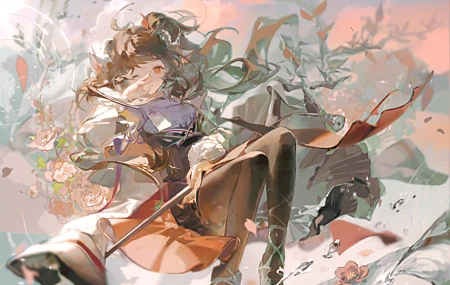 经典长发 动漫 动漫女孩 水 花 花瓣 AI艺术 无水印壁纸 5930×4000