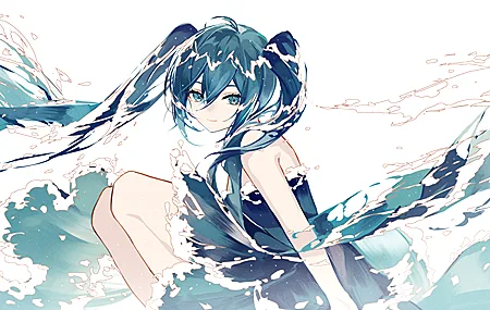 动漫 动漫女孩 初音 双尾 水 海浪 壁纸 4099×2362