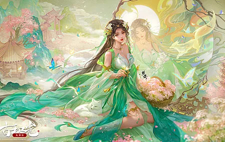黑发 长发 闭眼 发饰 连衣裙 绿色连衣裙 花 樱花 树 花瓣 珠宝 蝴蝶 篮子 国风 山脉 宝塔 狼 项链 丝带 太阳 水墨 国画 4K高清壁纸 4000×2250