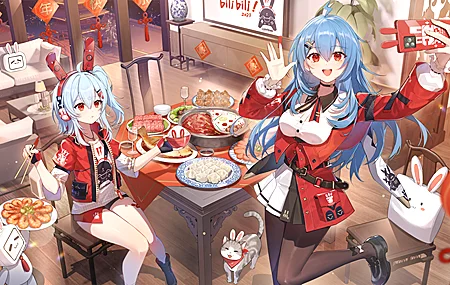 精选手 动漫女孩 食物 筷子 电话 自拍 兔子耳朵 猫 动物 耳机 22娘 33娘 新年 春节 年夜饭 4K壁纸 4331×2436