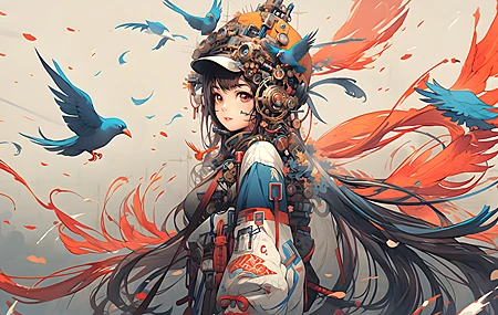 经典女人 长发 人工智能 鸟类 动物 AI艺术 帽子 简单背景 极简主义 高清壁纸 3840×2160