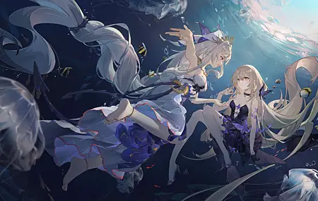 长发 腿 动漫 动漫女孩 水下 水母 鱼 水 炼金术 阳光 连衣裙 4K高清壁纸 5760×3240