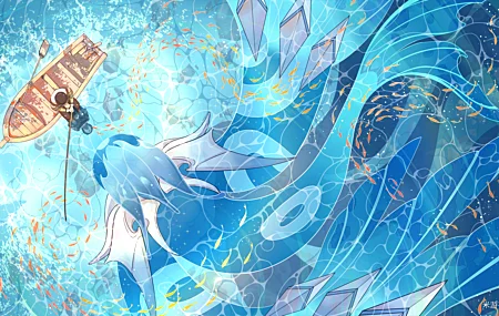 热门动漫男孩 生物 水 鱼 动物 船 钓鱼 原神 人鱼 高清壁纸 7807×4114