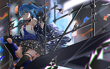 蓝色头发 蓝色眼睛 虚拟 绷带 黑色裙子 吊袜带 动漫女孩 壁纸 3920×2205