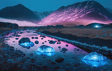 艺术 生物发光 紫色 蓝色 水 山脉 自然 壁纸 4579×2616