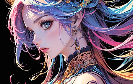 热门多彩头发 蓝眼睛 长发 艺术 五颜六色 AI艺术 耳环 4手机 4K壁纸 4096×6144
