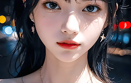 绚丽女性 亚洲 肩膀 深色头发 长发 艺术 项链 景深 城市灯光 手机 手机壁纸 4096×6144