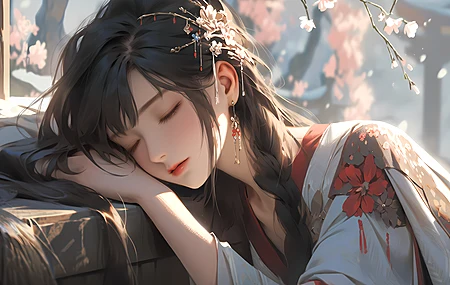 唯美闭着眼睛 长发 辫子 女人 睡觉 耳环 阳光 树枝 鲜花 艺术 电脑 壁纸 5824×3216