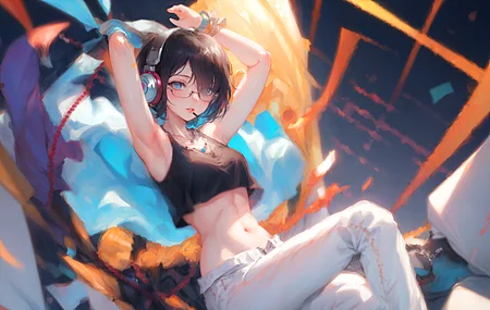 蓝眼睛 肚皮 短发 深色眼睛 动漫 动漫女孩 艺术 眼镜 耳机 黑色 项链 电脑 4K高清壁纸 3840×2160