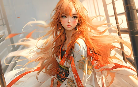 绝美女人 红发 长发 服装 AI艺术 阳光 耳环 项链 腮红 电脑 壁纸 3840×2160