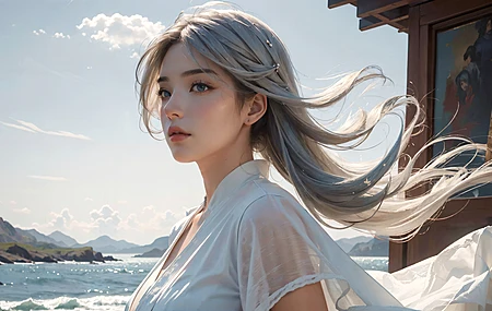 女人 长发 AI艺术 天空 山脉 银发 电脑 壁纸 3840×2176