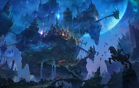 绚丽城堡 月亮 夜晚 雕像 瀑布 桌面壁纸 3840×2160