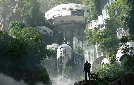 奇幻艺术 瀑布 森林 树木 建筑 未来主义 科幻 水 壁纸 3840×2160