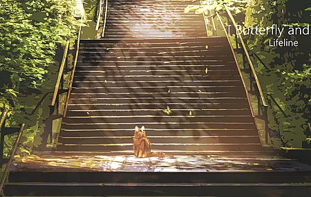 动漫 AI艺术 猫 蝴蝶 楼梯 壁纸 4800×2280