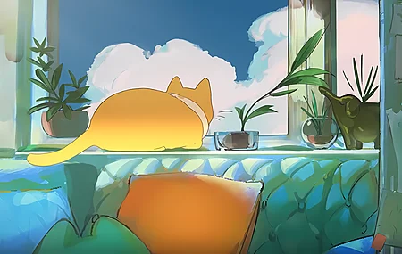 云 植物 盆 猫 沙发 动物 壁纸 7680×3256