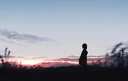 飘逸 短发 站立 数字艺术 艺术品 剪影 动漫女孩 日落 夕阳 阳光 云 天空 动漫 电脑 4K壁纸 5640×2400