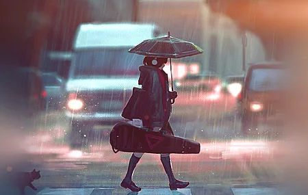 高清动漫 动漫女孩 雨伞 雨 AI艺术 人行横道 无水印壁纸 3840×2400