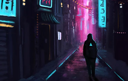 人物 行走 AI艺术 插图 黄昏 数字绘画 城市 街道 灯光 霓虹灯 赛博朋克 4K高清壁纸 3840×2160