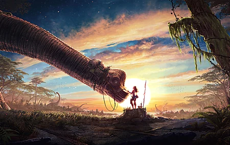 精选奇幻女孩 恐龙 AI艺术 动物 奇幻艺术 天空 高清壁纸 3840×2160
