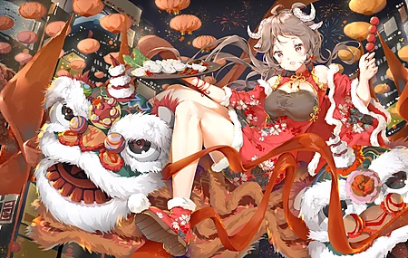 长发 艾雅法拉 骑士 夜晚 城市灯光 动漫女孩 龙 兽耳 旗袍 中式服装 烟花 春节 手机壁纸 6667×3750