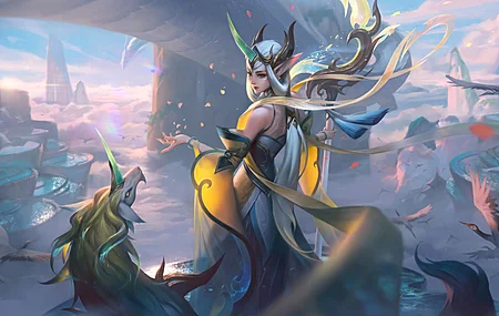 绚丽索拉卡 英雄联盟 游戏 人物 LOL AI艺术 花瓣 天空 云 兽耳 动物 手机壁纸 7680×4320