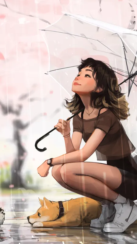 蹲着 笑着 短发女孩 雨中女孩 樱花 雨伞 狗 雨 鸟 花瓣 动物 倒影 AI艺术 手机 壁纸 4320×5400