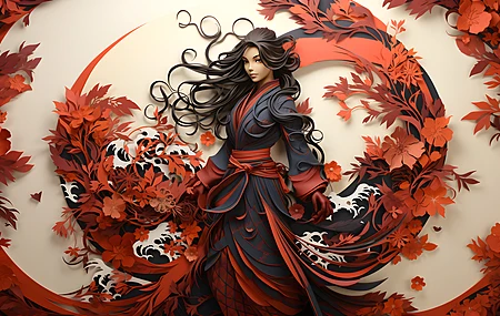 长发 AI艺术 剪纸 树叶 鲜花 红色 电脑 4K高清壁纸 5824×3264