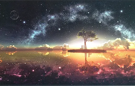 超清动漫 风景 夜空 天空 树木 倒影 星星 云 阳光 电脑 无水印壁纸 4142×2317