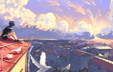 蓝色 头发 插图 日落 AI艺术 屋顶 云 鸟 电脑 无水印壁纸 4500×2531