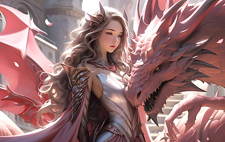 高清角色 金发 动漫 女孩 龙 简单背景 银发 红色 绘画 电脑 壁纸 5926×2500