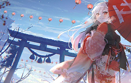 红眼睛 微笑 动漫 动漫女孩 雪 银发 伞 服装 和服 新年 电脑 壁纸 4096×2768