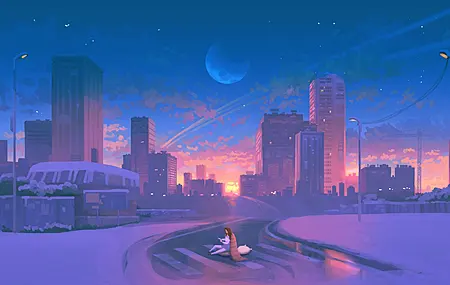 热门城市 日落 月亮 星星 艺术 绘画 雪 冬天 电脑 高清壁纸 4096×2303