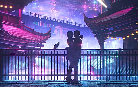 拥抱 爱 中国 夜 夜景 紫色 房子 AI艺术 霓虹灯 情侣 电脑 壁纸 3840×2160