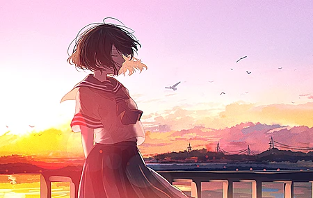 短发 米芙鲁 动漫 动漫女孩 日落 校服 电脑 手机壁纸 3840×2160