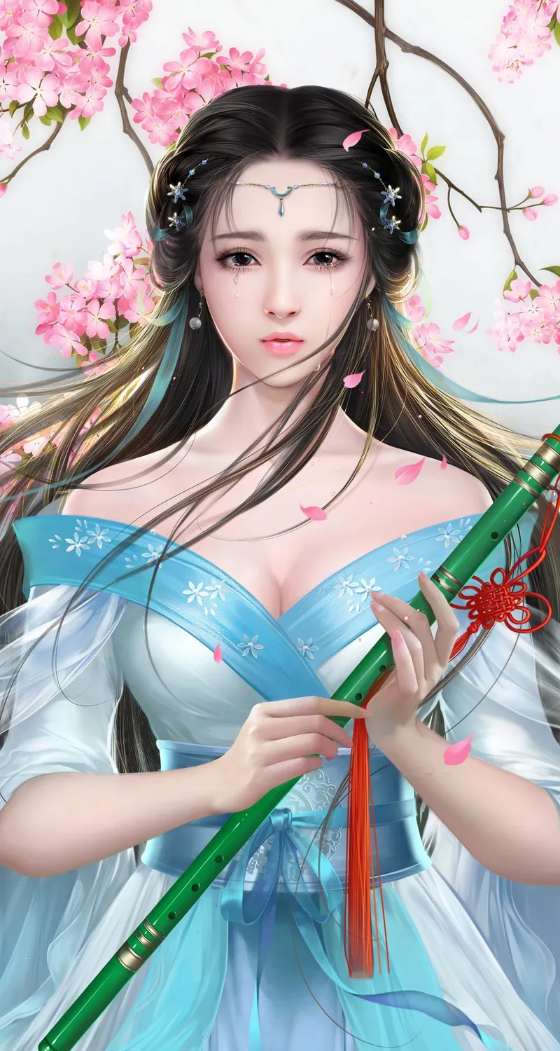 唯美梦幻 女孩 深色 头发 眼泪 长笛 粉色花 连衣裙 绘画 手机 4K壁纸 3976×5622