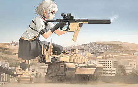绝美短发 持枪女孩 动漫女孩 坦克 武器 少女前线 制服 天空 城市 建筑 军用车辆 手套 枪 电脑 无水印壁纸 7428×4382