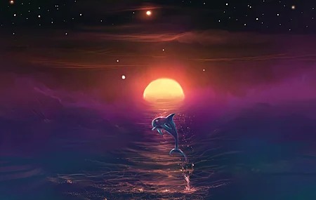 热门奇幻艺术 海豚 海洋 月亮 星星 夜晚 动物 五颜六色 AI艺术 电脑 高清壁纸 3840×2561