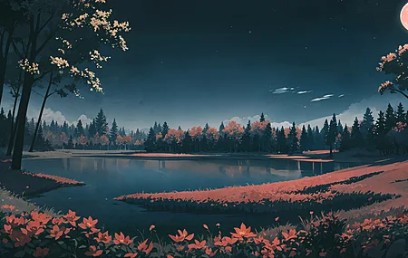 AI艺术 树木 自然 湖泊 云 艺术 水 月亮 天空 星星 花 草 电脑 壁纸 12288×6144