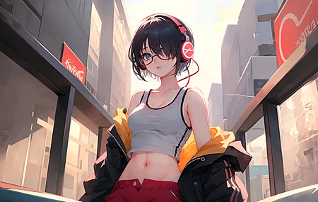 热门动漫 动漫女孩 艺术 眼镜 耳机 短发 运动 马甲线 电脑 高清壁纸 3840×2160