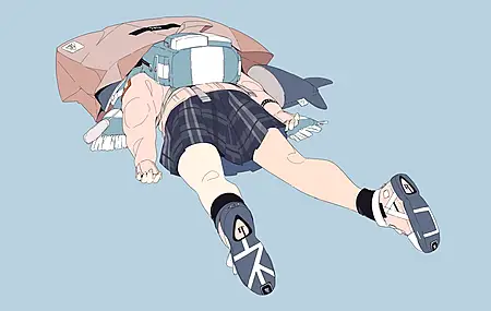 女孩 校服 制服 JK 动漫女孩 蓝色 简单 极简主义 背包 电脑 壁纸 3840×2160