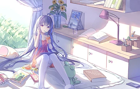 大腿 长发 动漫 动漫女孩 房间 室内 星尘 电脑 壁纸 3840×2160