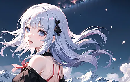 绝美艺术 银发 动漫女孩 云 雪 山 花瓣 电脑 壁纸 4000×2509