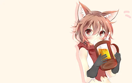 精选猫女孩 黑发 动漫 动漫女孩 白色 简单背景 啤酒 食物 啤酒杯 电脑 无水印壁纸 3840×2160