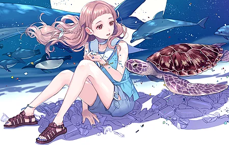 粉色头发 动漫 动漫女孩 棕色眼睛 蓝色 指甲 企鹅 海豚 海龟 海洋 水下 电脑 4K高清壁纸 5120×2880