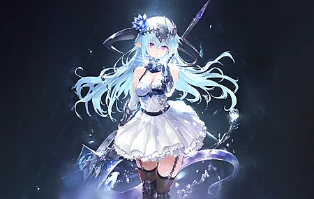 蓝色头发 红色眼睛 长发 动漫 动漫女孩 兽耳 武器 长筒袜 电脑 壁纸 5724×3220